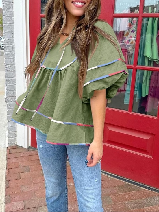 Cicy Bell Tops - Cicy Bell Babydoll Top V-Neck Short Lantern Sleeve Peplum Blouse Army Green M